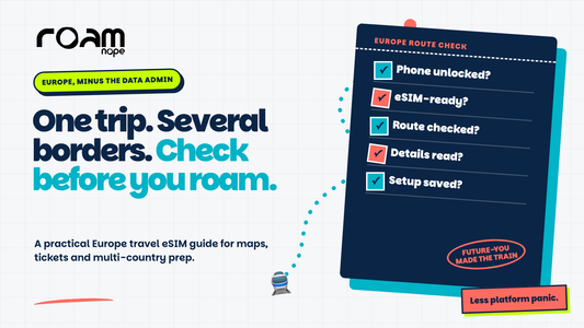 RoamNope illustration for a Europe trip showing a route check across several borders before choosing mobile data