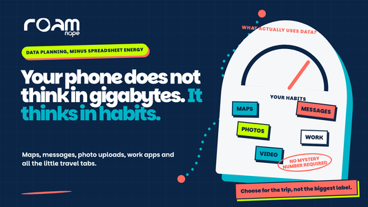 RoamNope illustration showing that travel data needs depend on habits such as maps, messages, photos, work and video